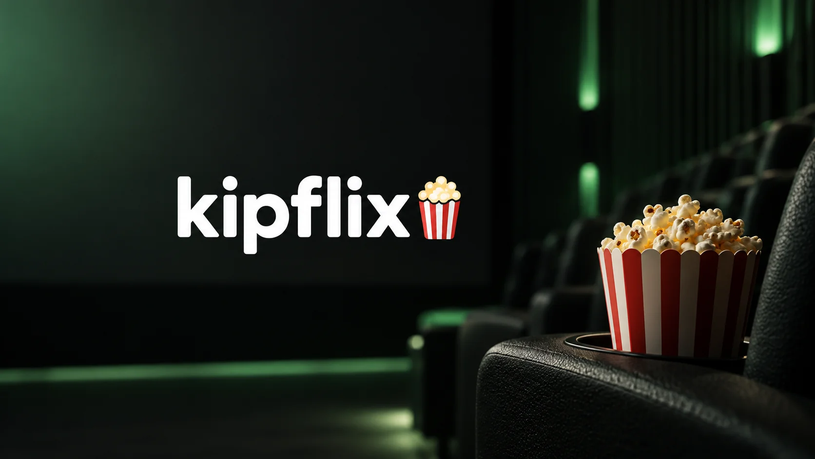 kipflix white lowercase wordmark with popcorn over a charcoal and green cinema scene